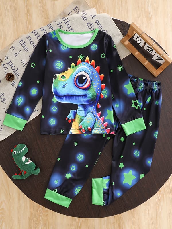 2-pack Dinosaurie Pyjamas för Pojkar, Långärmad Mjuk Sovdräkt language 9-12M