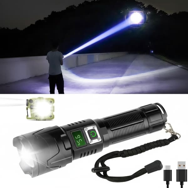 LED Flashlight A09 set - 6000 Lumen, 50W, Rechargeable & Tactical & COB survival Svart black