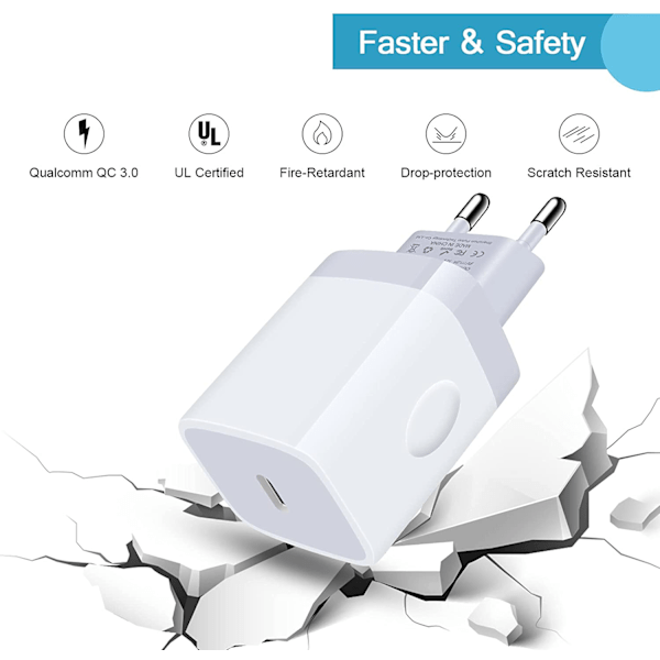 2 stk. Kompatibel iPhone Hurtiglader USB-C Strømadapter 20W + Datakabel Hvit