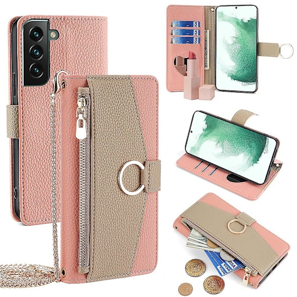 Kompatibel med Samsung Galaxy S22+ 5G Ficka med dragkedja Skyddsfodral PU Läder Crossbody Plånboksfodral - Vit [HK] Rosa Pink Style E Samsung Galaxy S22+ 5G