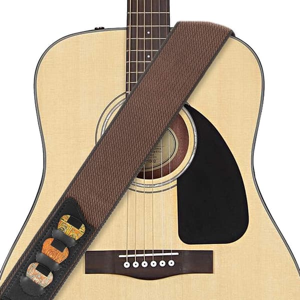 Gitarrband, 100% mjukt bomullsband med 3 plektrumklämmor, kompatibelt med bas, elgitarr och akustisk gitarr (brun) Brown