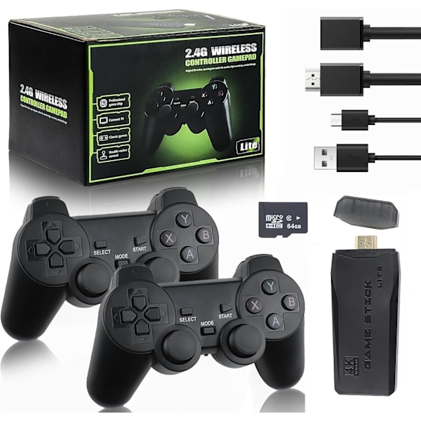 2024 Ny Retro Spillkonsoll 20 000+ Spill 4K HDMI Inkluderer 2 Trådløse Kontrollere Svart Svart Black 64GB