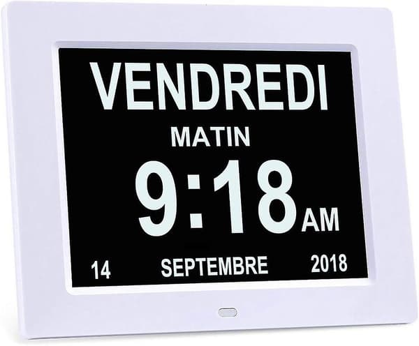 8 tommer LCD digital kalenderur, kalenderur med dato, ugedag og tid (hvid)