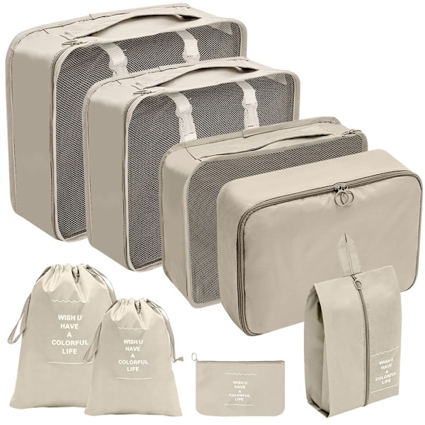 (Beige )Travel Bag Cubes 8 Piece Set, Travel Clothing Bag Shoe Bag Cosmetic Bag Travel Organizer Travel