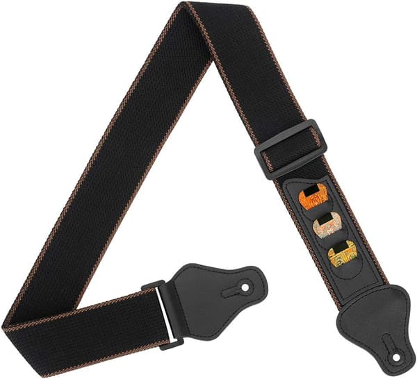 Gitarrband, 100% mjukt bomullsband med 3 plektrumhållare, kompatibelt med bas, elgitarr och akustisk gitarr (Svart) Black