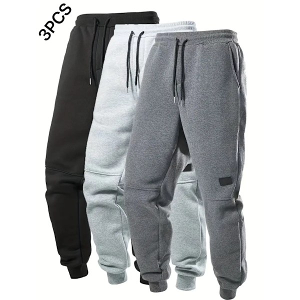 3-pack Män Casual Solid Joggingbyxor, Män Drawstring Byxor med Fickor för Athleisure Wear 2XL