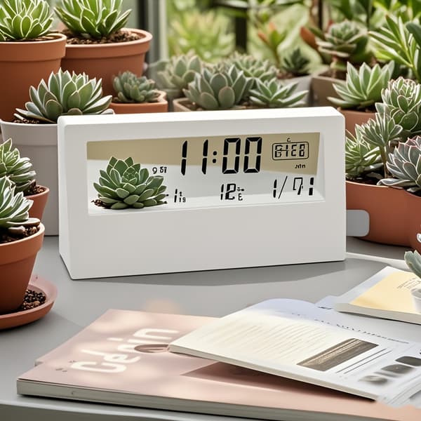 Modern Fyrkantig Väckarklocka, Temperatur/Luftfuktighet/Väderikoner, Snooze, Batteridriven, Kontor/Vardagsrum/Sovrum language