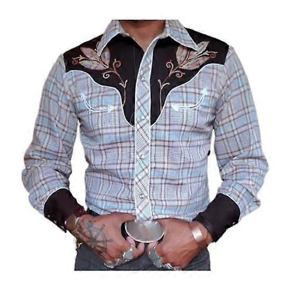 Herre Skjorte Vintage Western Cowboy Trykk Enkelkneppet Slim Fit Langermet Nedbrett Krage Knapper LGL blå blue M