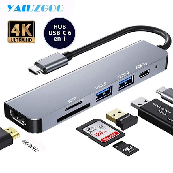 5/6/7/8/11 i 1 USB C-hubb med 4K HDMI-adapter och SD/TF-kortläsare RJ45 PD Snabbladdning för MacBook Laptop Dator 6 IN 1