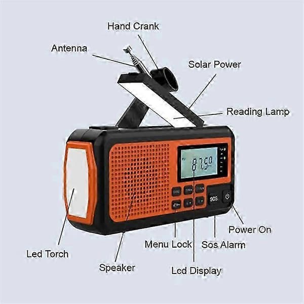 373 Multifunktionel udendørs nødradio med håndsving, AM/FM, solcelle og powerbank, EU-version