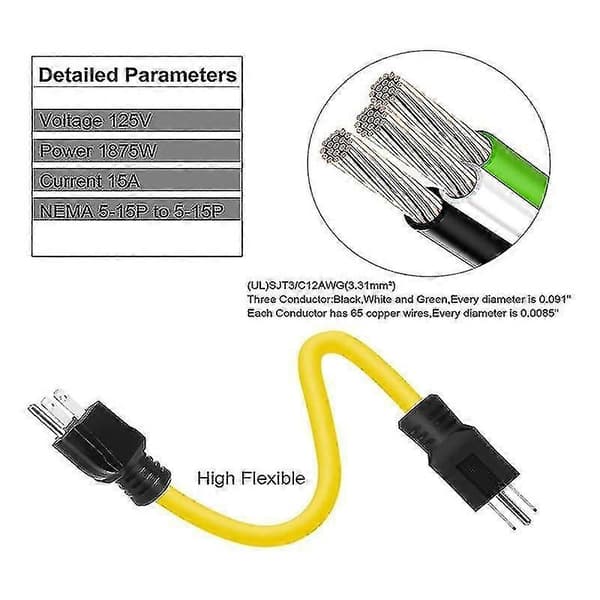 60 cm 3-benet stik til stik dobbelt han forlængerledning, 12awg 125v Nema 5-15p til 5-15p ledningsadapter, RV