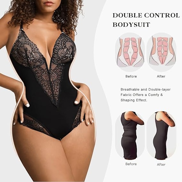 Popilush Lace Shaper Body för damer med V-ringning och spetsar i svart Black M