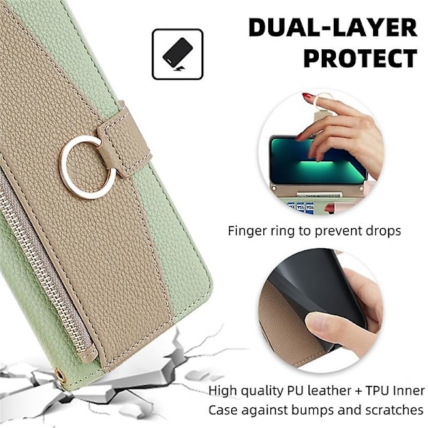 Kompatibel med Samsung Galaxy S22+ 5G Ficka med dragkedja Skyddsfodral PU Läder Crossbody Plånboksfodral - Vit [HK] Grå Green Style B Samsung Galaxy S22+ 5G