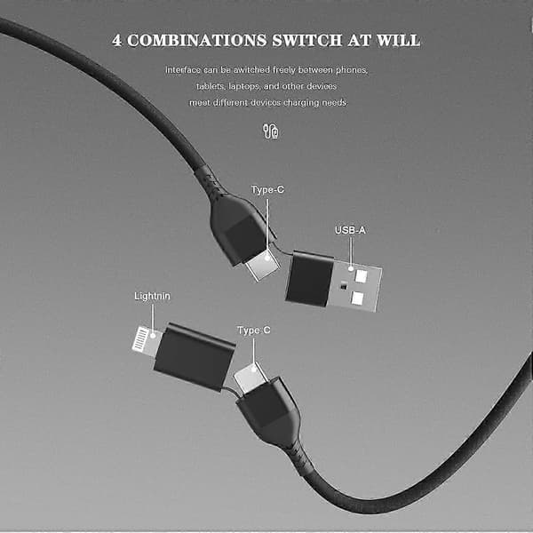 Apple MFi-sertifisert USB-C hurtigladekabel 65W 4-i-1 USB A/C til C/Lightning for iPhone iPad MacBook Samsung
