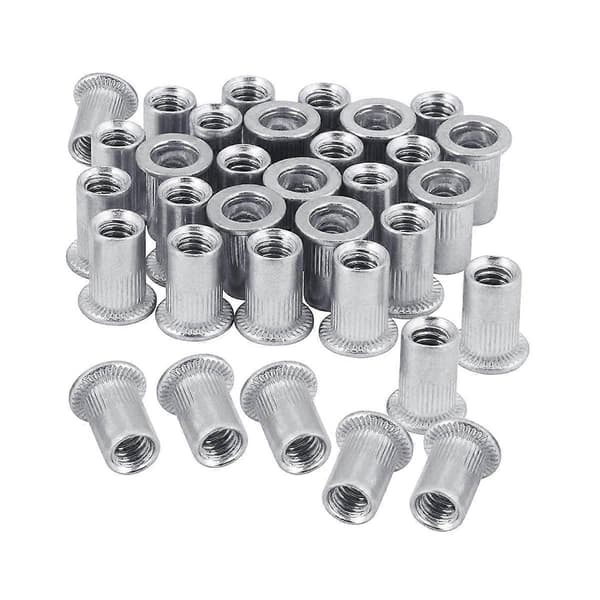 Mutter 100 stk 1/4In-20UNC Rustfritt stål 304 Finish Flat Head Rivnut Gjenget Innsettingsmutter Riflet Kropp Silver