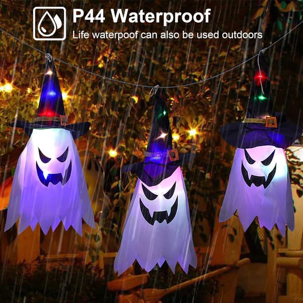 Halloween Outdoor Decorations, Hanging Luminous Ghost Witch Hat with String Lights, Spooky Halloween Tree Decorations, CJY