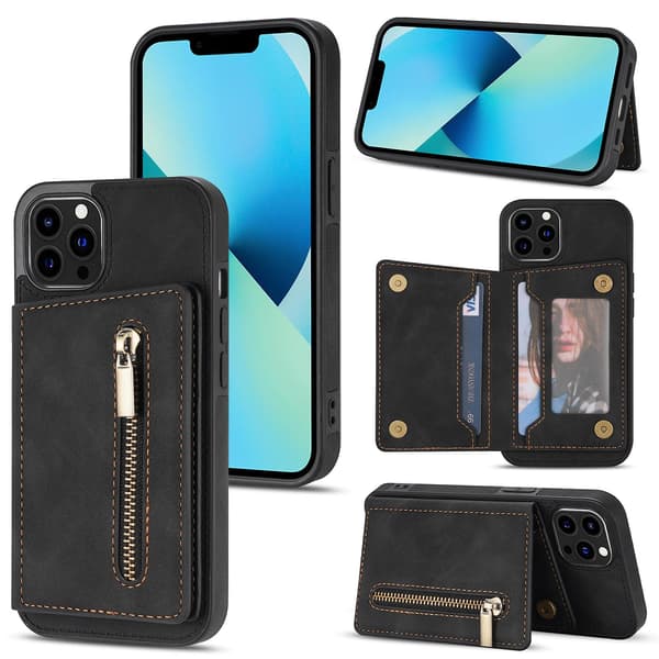 Kortholder med glidelås til iPhone 13 Pro Black