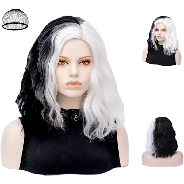 Half Black Half White Wavy Wig, Medium Length Wavy Wig with Elastic, CJY