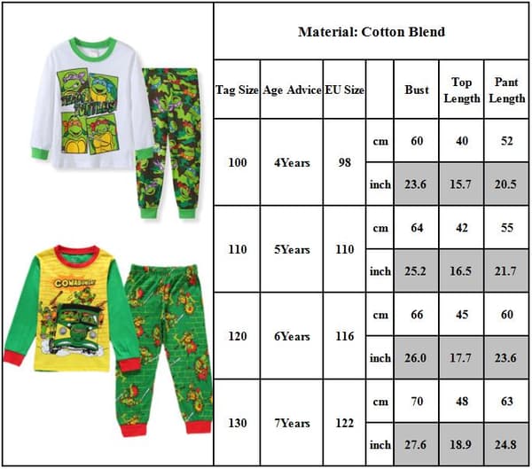 Teini-ikäisten Turtles-lasten pyjamasetti yöasut AA A 110cm