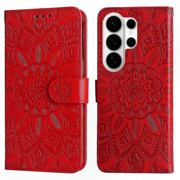 Plånboksfodral i läder med solrosdesign för Galaxy S26 Ultra telefonfodral