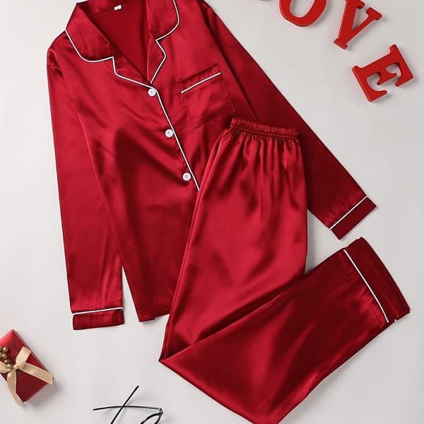 Solid pyjamassett, langermet med knapper, nattøy og loungewear for kvinner language R\u00f6d