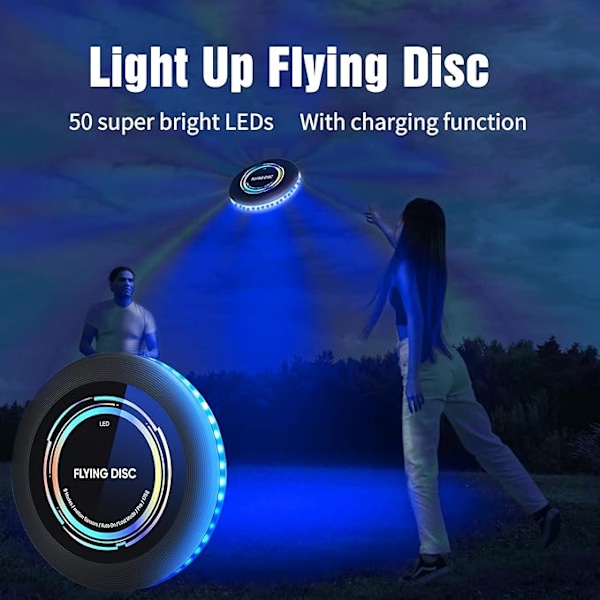 Lysande Frisbee - RGB-ljus, Uppladdningsbar, 50 LED-lampor Superstark, Rörelsesensor Smart Läge, Lämplig för Uteplats, Gräsmatta, Plan, Utomhuslekar (blå) blue