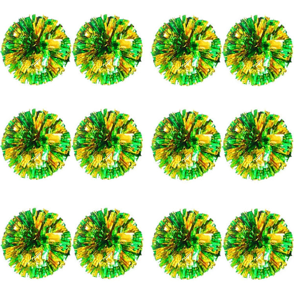 12 st Cheerleading Pom Poms för Barn, Metallfolie & Plastring Cheer Pom Poms för Pojke Large Green Gold