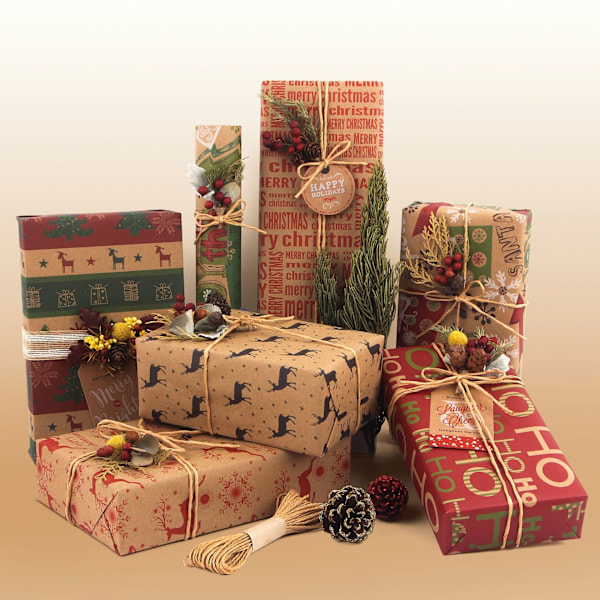 Vintage Kraftpapper Inslagningspapper Julpapper Presentpapper Set (6 ark papper + tillbehör) *50*70cm