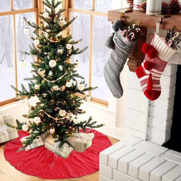 Juletræsmåtte 122 cm rød juletræsmåtte med pailletter