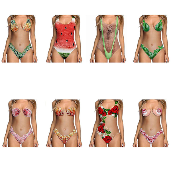 Sexig baddräkt för damer, 3D-tryckt falsk bikini, rolig baddräkt, strandkläder Green S