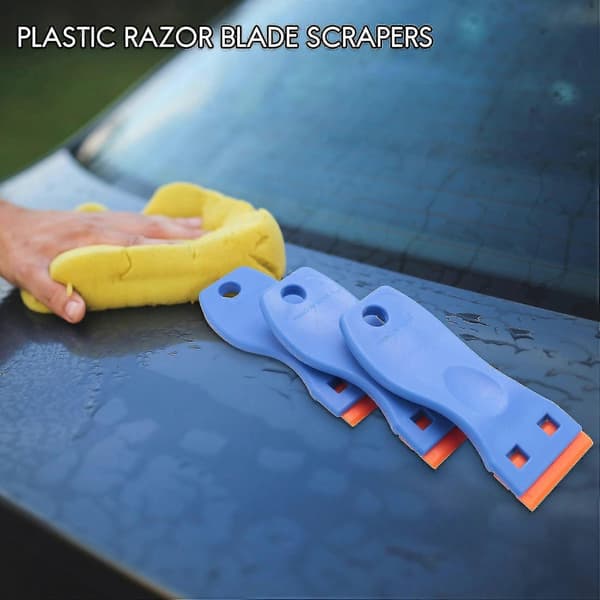 3-pakning plastskraper med 100 erstatningsblader, 1,5 tommer dobbeltsidig for bilfrontrutebruk Blue  Orange
