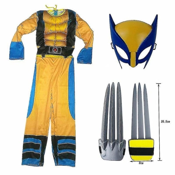 Barnkostym Wolverine för pojkar Superhjälte Jumpsuit Barn Halloween Rollspel Mask/Vargklo-rekvisita M(120-130cm)