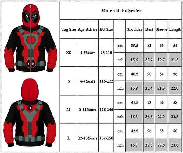 Deadpool Klær Barn Gutter Cosplay Superhelt Kostyme Full Glidelås Hettegenser Pullover Topper Alder 4-13 År 12-13 Years