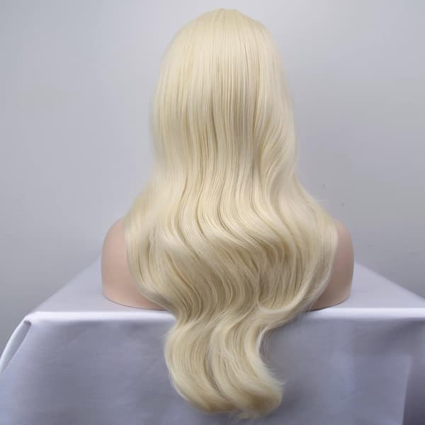 Lång blond lockig peruk för cosplay med lugg