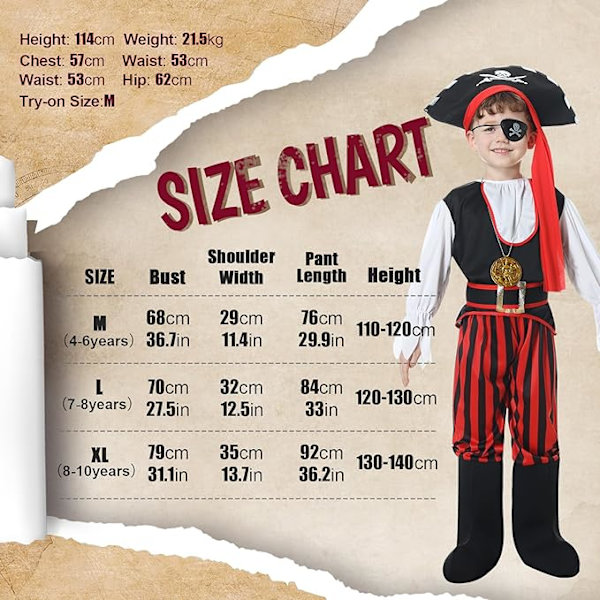 Barnens piratdräkt piratdräkt tillbehör med kompass ögonlapp hatt pojkar piratdräkt karneval halloween boy XL