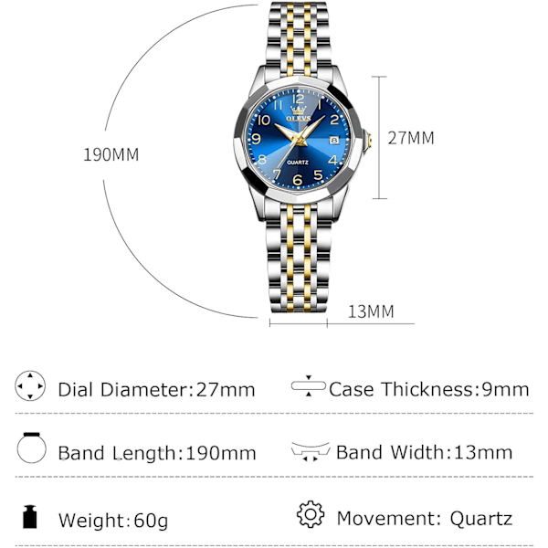 Dameur i klassisk rustfrit stål elegant analogt quartz ur dameur vandtæt ur lysende datokalender ur blå Blue
