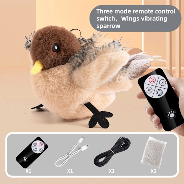 Simulert kvitrende fugl, innendørs katteleketøy, interaktivt katteleketøy med ekte kvitrende fugl (fjernkontroll - stor spurv [lyd - vingeaktivitet]) Remote Control Sparrow