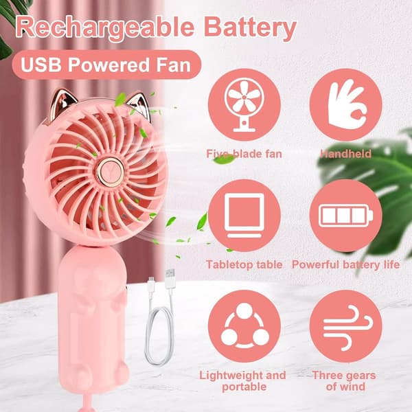 Mini Sammenklappelig Håndholdt Ventilator - 3 Hastigheder USB Genopladelig Ventilator - Til Kontor, Rejser og Makeup - Pink