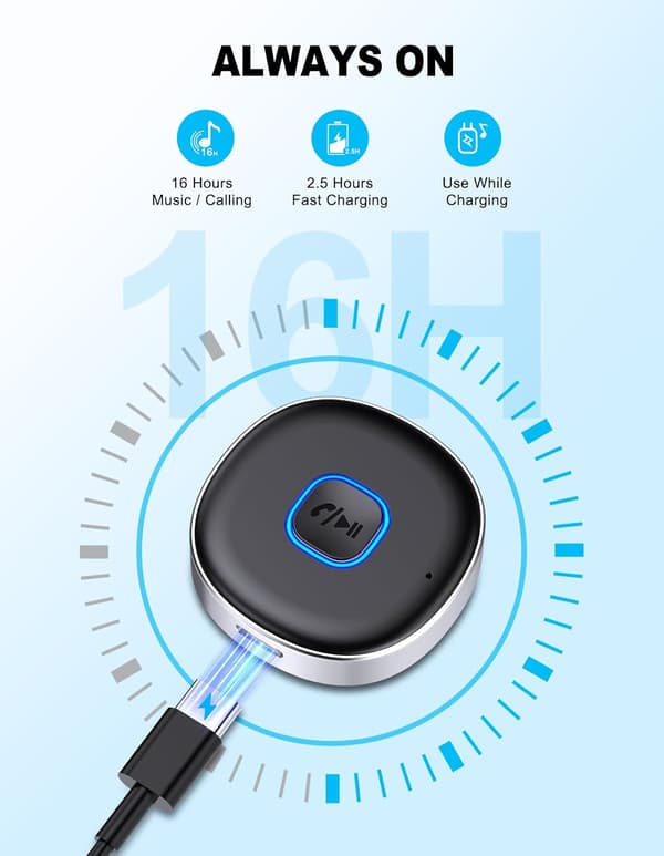 Bluetooth 3.5mm AUX Adapter for Car, Mini Bluetooth 5.3 Receiver for Home Stereo/Speakers, Hands-Free Calling, Dual Connection, 16 Hours PlaytimeCJY