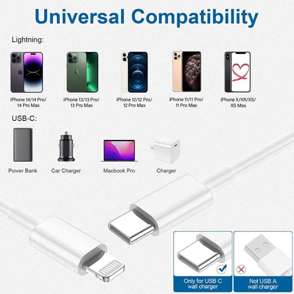 CDQ Kompatibel iPhone-lader USB-C - Data-/strømkabel - 20W - Hurtiglader 4-pakning