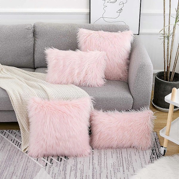 Sæt med 2 lyserøde, fluffy pudebetræk, ny luksusserie, merino-stil, blush imiteret pels, dekorative pyntepudebetræk, firkantet, fuzzy pudebetræk, 45x45 cm