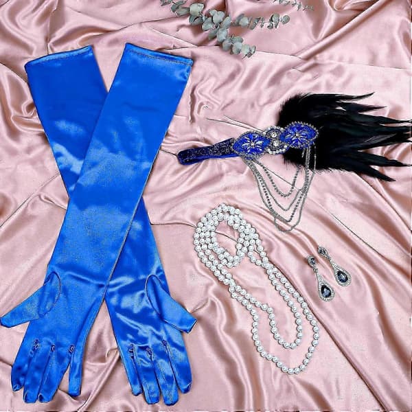 Flapper Tilbehør, 1920'er Gatsby Tilbehør til Kvinder Inkluderer Flapper Pandebånd Halskæde Handsker Sort Blue