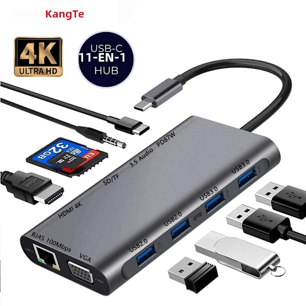5/6/7/8/11 i 1 USB C-hubb med 4K HDMI-adapter och SD/TF-kortläsare RJ45 PD Snabbladdning för MacBook Laptop Dator 11 IN 1