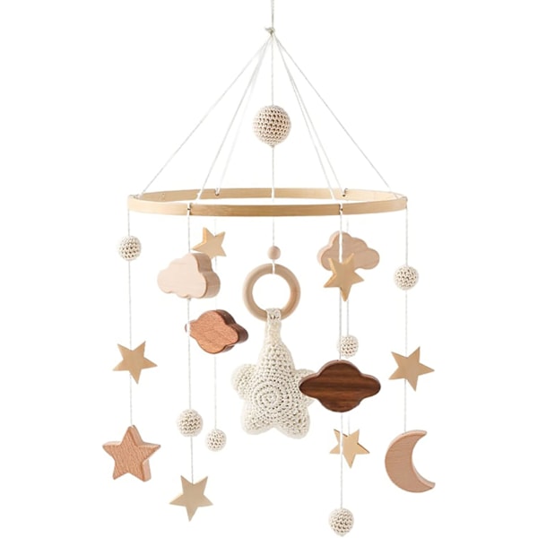 Træ baby uro med filtbolde og sky ornament til børneværelset, hængende (hvid) white