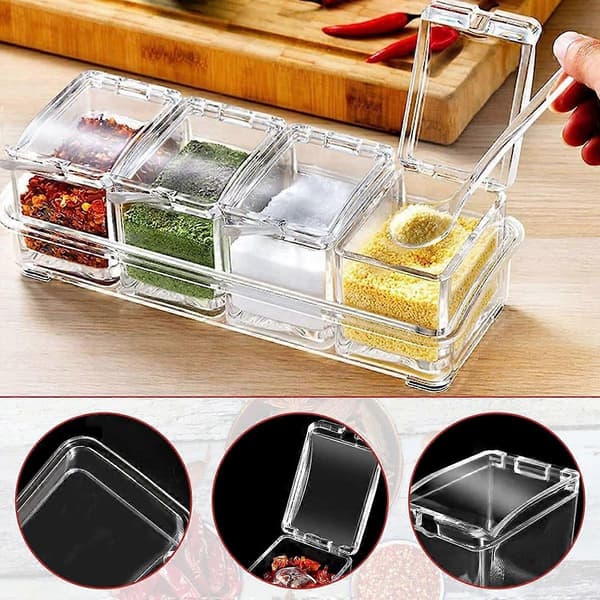 Klar krydderbeholder for salt, pepper, sukker, krydder