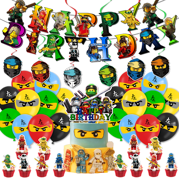 Dekoration til børnefødselsdage, balloner, banner, kagepynt Blå Gul Grøn Sort Rød Blå Gul Grøn Sort Rød Blå Gul Grön Svart Röd Ninjago