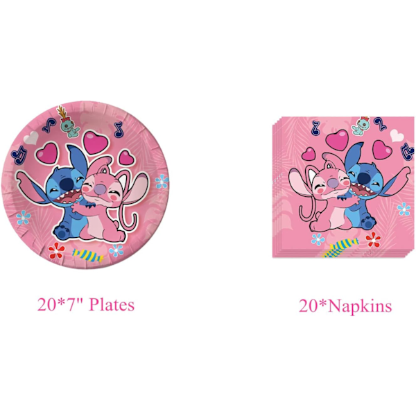 Rosa Stitch Kalas Födelsedagsfest Tillbehör, Tecknad Stitch Tema Festbord med Grattis på Födelsedagen Banner, Bordsduk, 20 Engångstallrikar 7\"