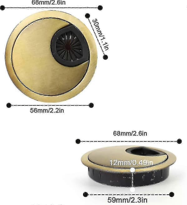 2-pack 60 mm skrivbordskabelgenomföringar i bronsmetall, runt hålskydd för kabelorganisation T2