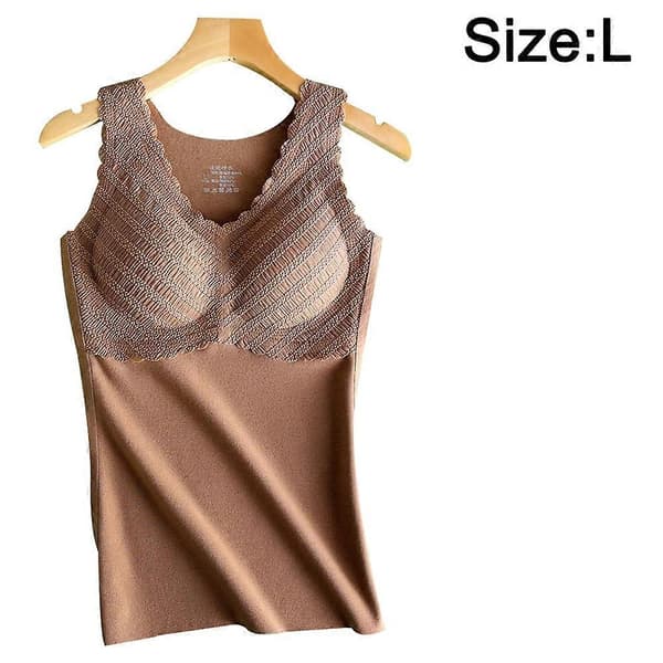 Termisk undertrøje til kvinder, varm ærmeløs camisole blondevest med bh til kvinder - Kaffe style2291