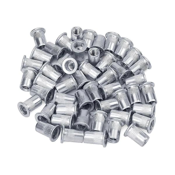 Mutter 100 stk 1/4In-20UNC Rustfritt stål 304 Finish Flat Head Rivnut Gjenget Innsettingsmutter Riflet Kropp Silver